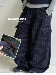 男童裤 哈比诺25秋冬新款 中大童宽松休闲裤 裤 女童一体绒格子工装