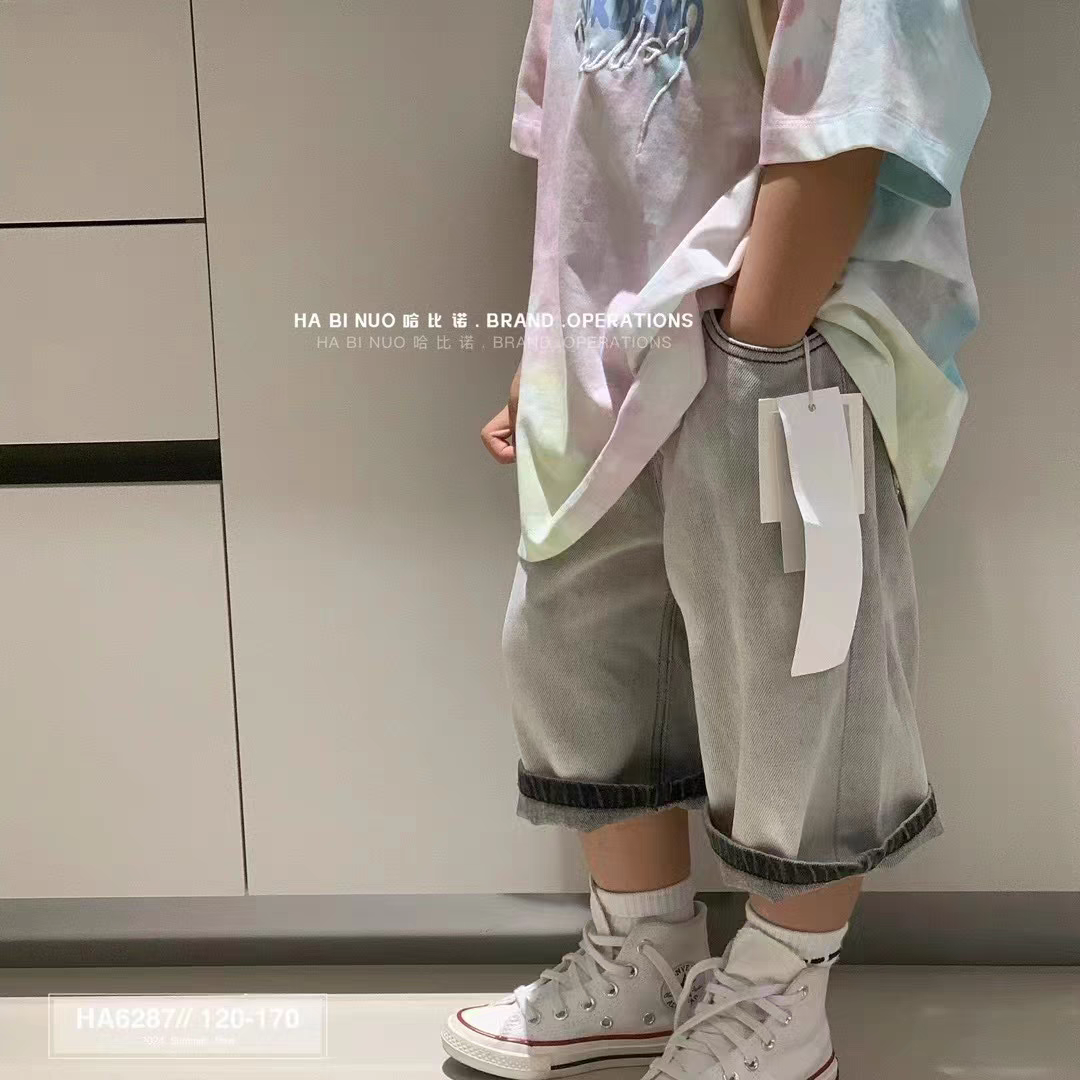 【夏】清仓哈比诺男童纯棉牛仔中裤新女孩韩版宽松休闲马裤中大童