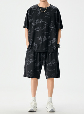 T8389+8390大码冰丝透气孔套装男欧美跨境冰感弹力短袖短裤休闲装