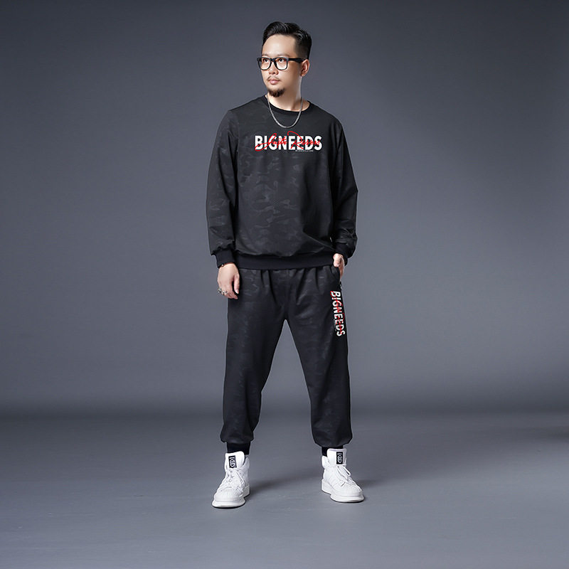 加肥加大潮牌肥佬迷彩运动服男大码胖子套装两件套秋季宽松休闲装