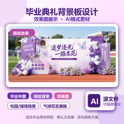2026毕业典礼背景板设计AI文件紫色校园拍照区花艺美陈布置素材