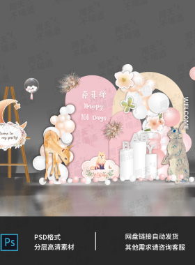 可爱卡通小兔子女生生日派对虎宝宝粉色背景热气球PS设计素材0807