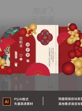 中国风中式红金色宝宝生日宴周岁宴满月百天生日背景设计素材1218