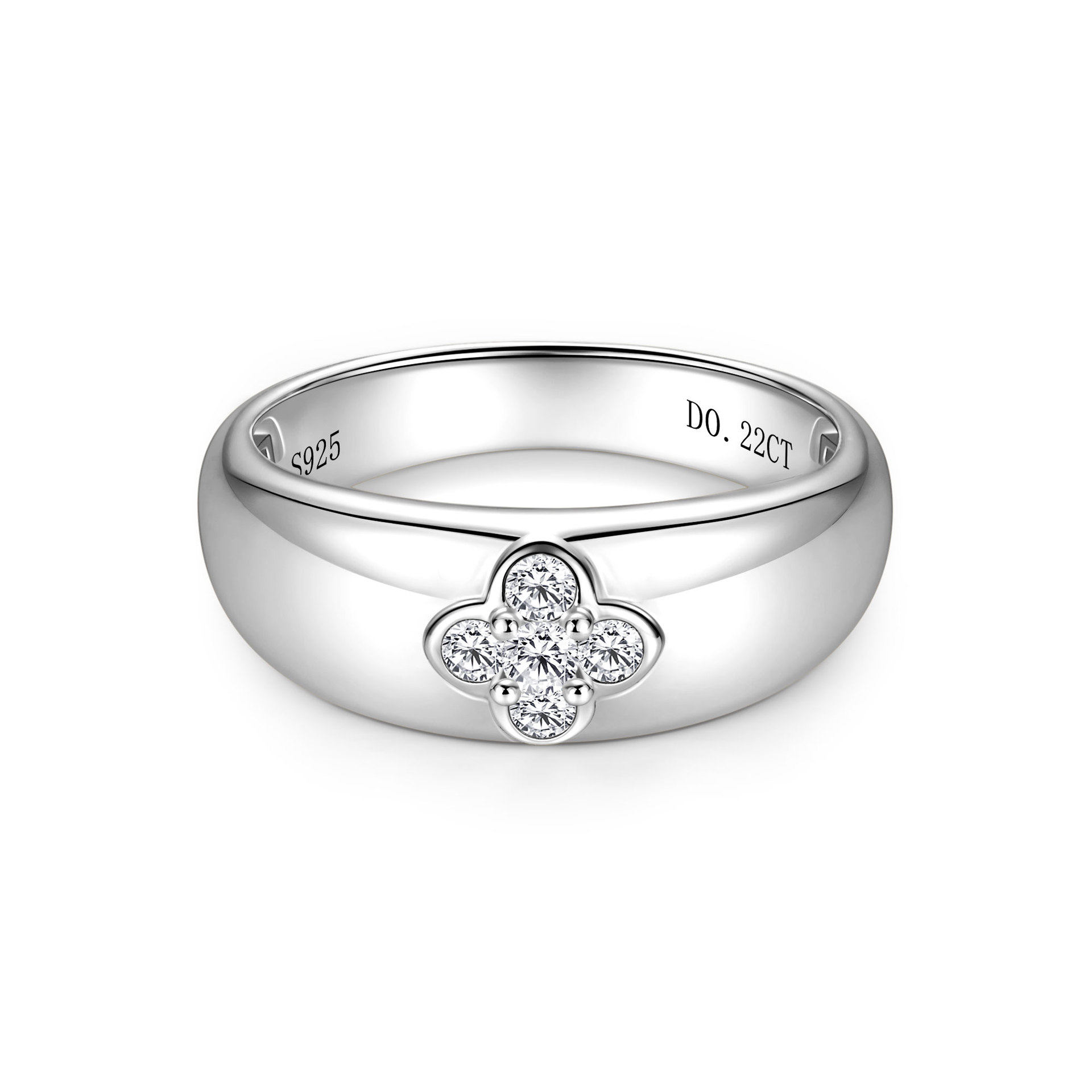 原创设计925银镶莫桑石结婚戒指女时尚纯银镀白金四叶草仿钻指环