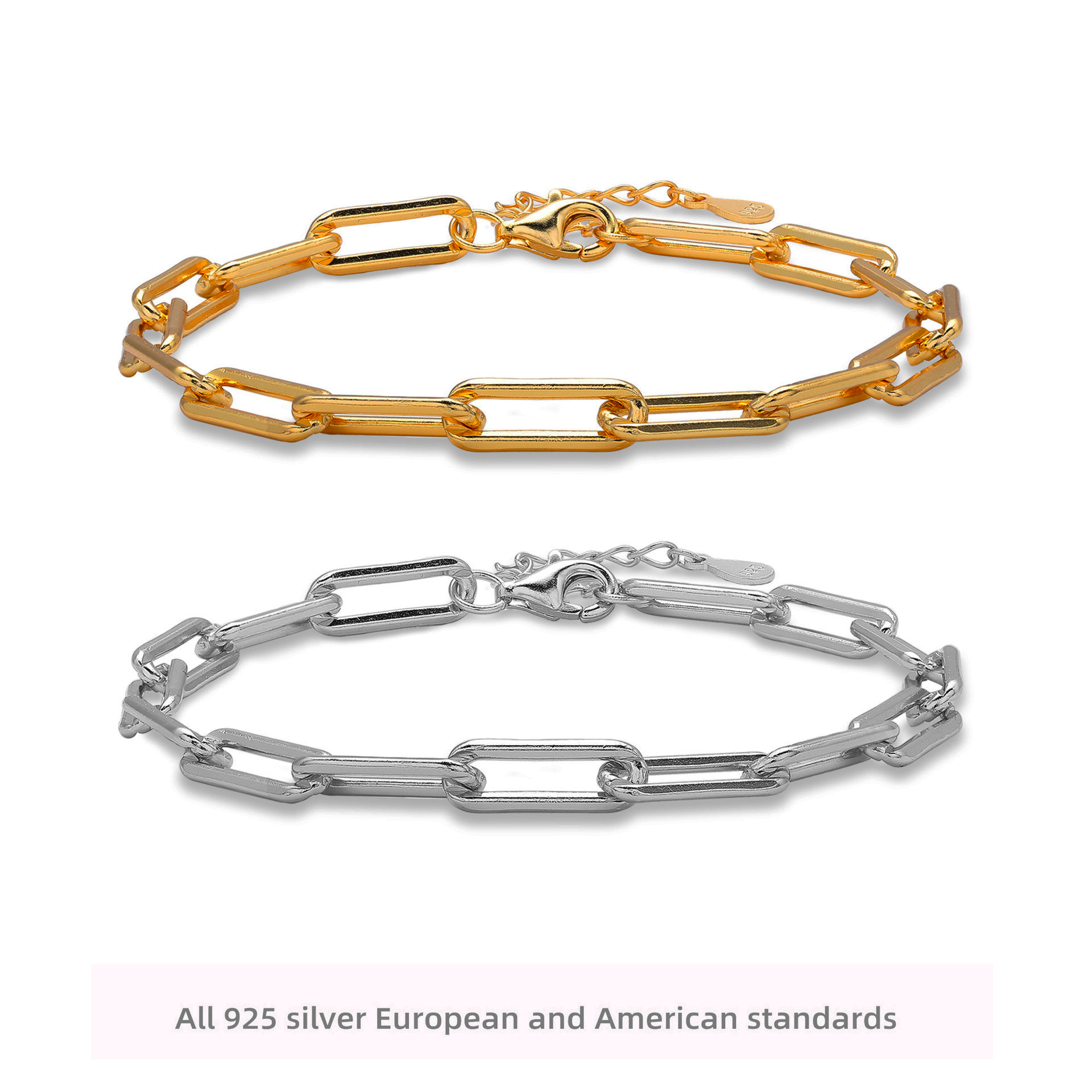 欧美简约纯银镀金回形针手链