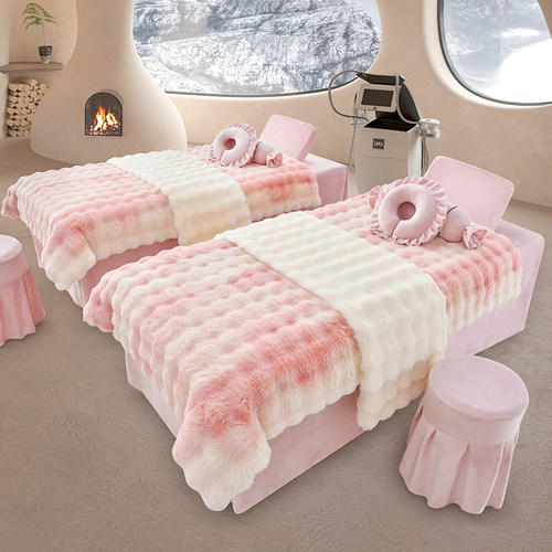 新款2024美容床罩四件套床罩轻奢风高级感泡泡绒按摩理疗床套纯色