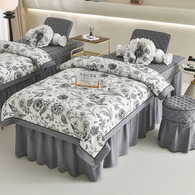 法式复古美容床罩四件套轻奢风高档黑色按摩美容院专用床罩套定制