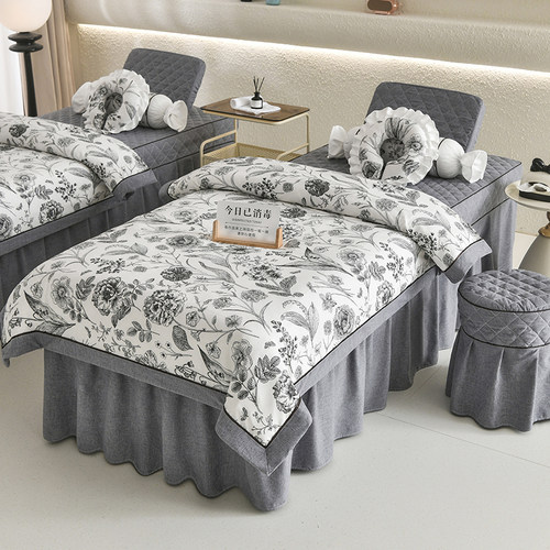 法式复古美容床罩四件套轻奢风高档黑色按摩美容院专用床罩套定制