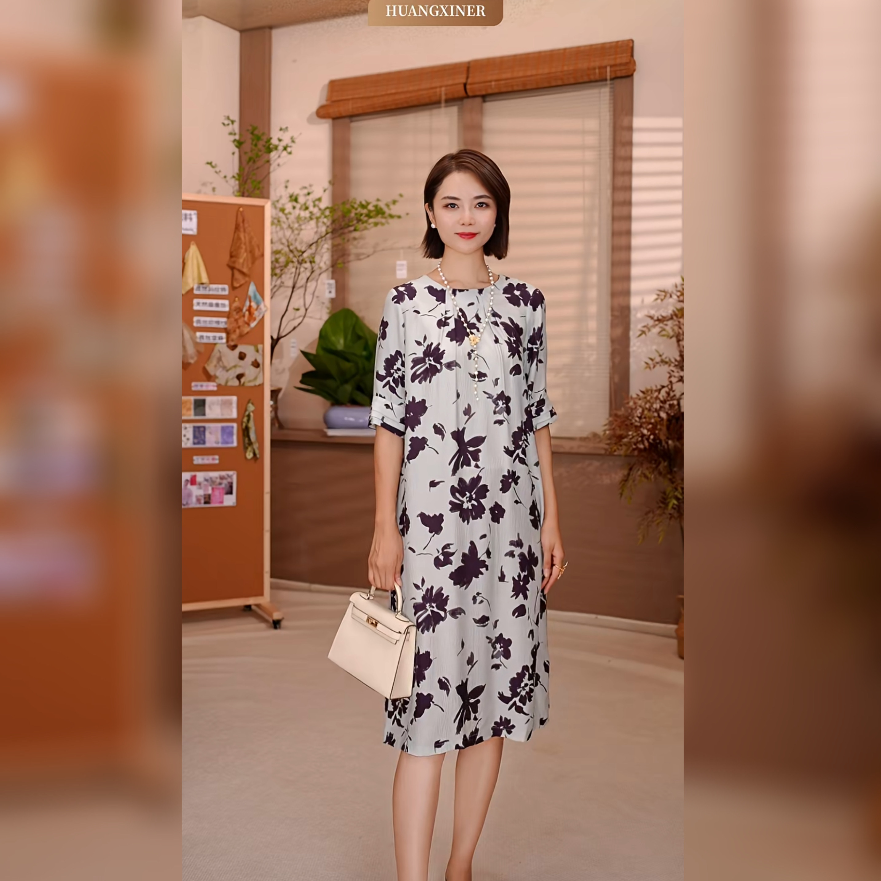 浅青墨韵1160032黄心儿桑蚕丝连衣裙乱花时尚显瘦印花气质百搭