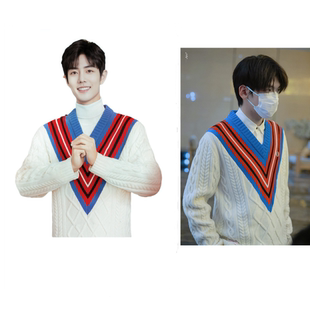 春晚刘迦肖战同款毛衣拼接撞色套头V领麻花学院风针织长袖衫男女