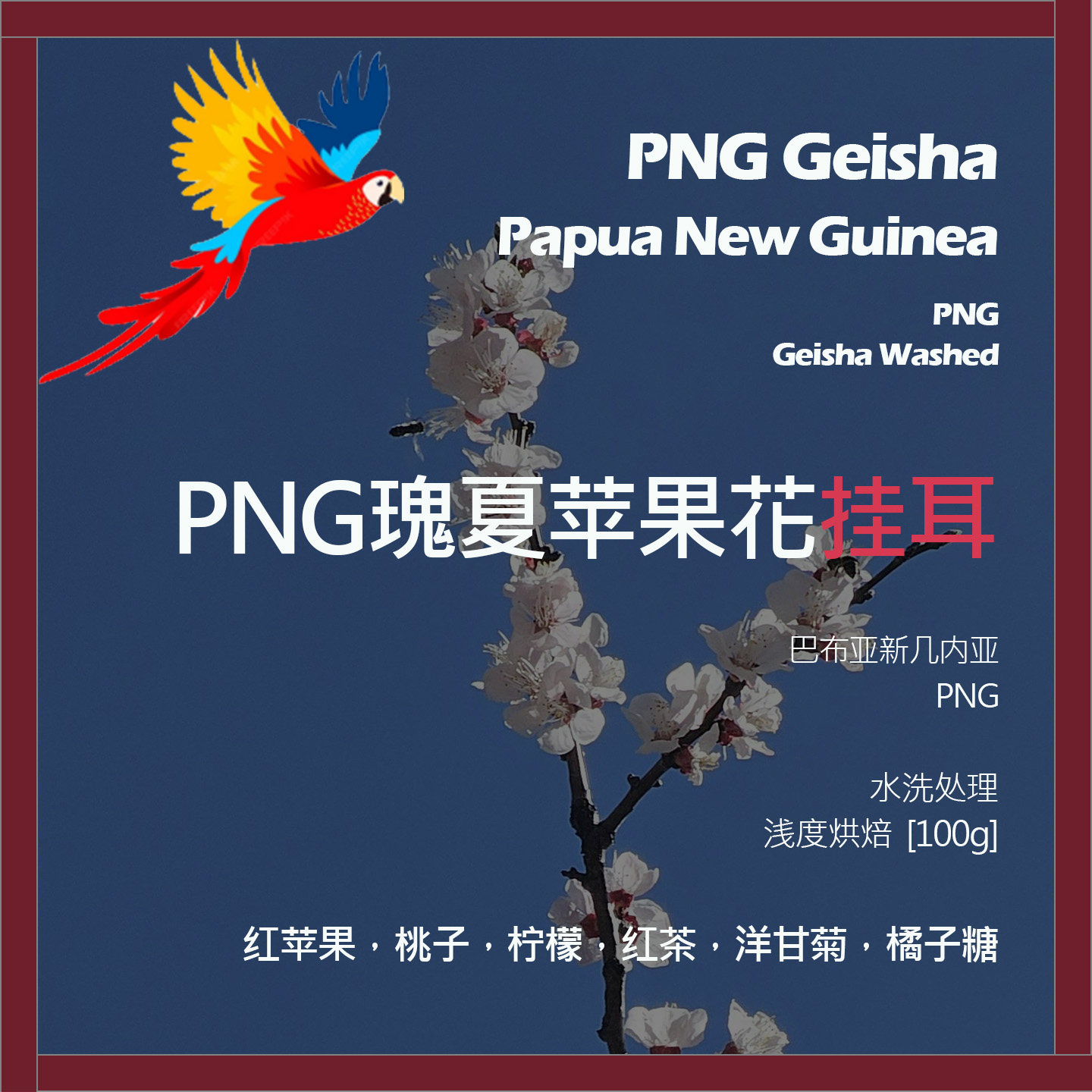 挂耳巴布亚新几内亚PNG瑰夏苹果花水洗单品咖啡豆新鲜浅烘洋甘菊