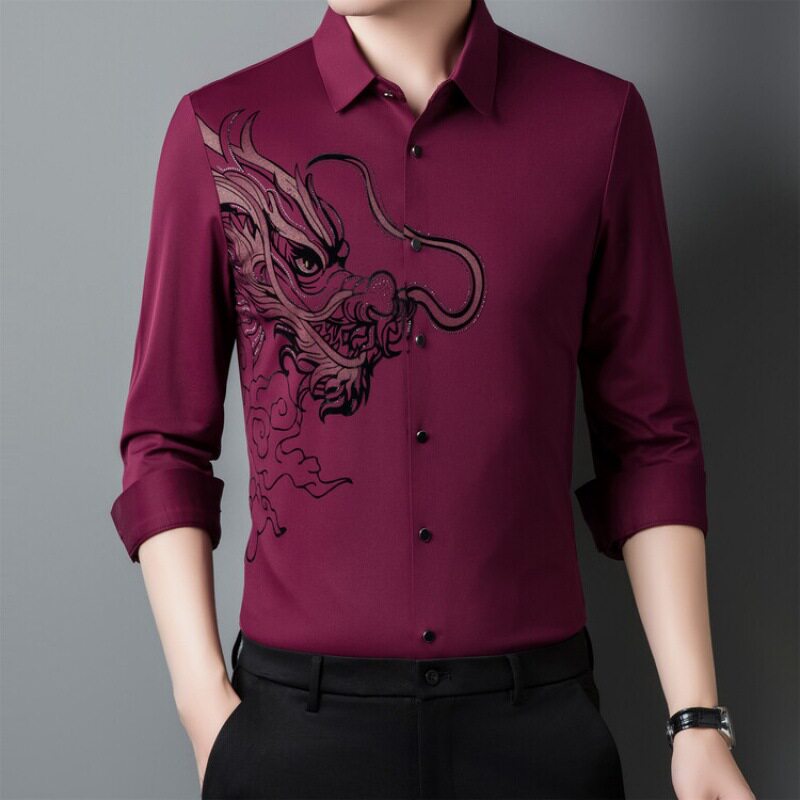 红色中国龙长袖衬衫2024春秋男款冰丝无痕寸衫中年爸爸装高端衬衣