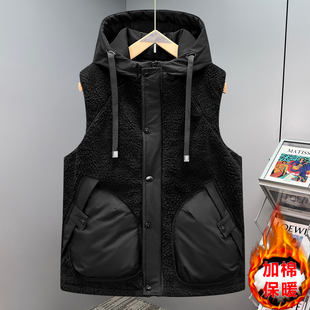 秋冬季学生潮流保暖连帽坎肩二棉时尚背心男士百搭羊羔毛拼色马甲