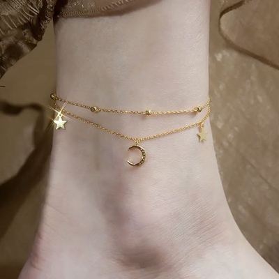 925纯银双层星月脚链小众设计感星星足链小清新气质新款学生情侣