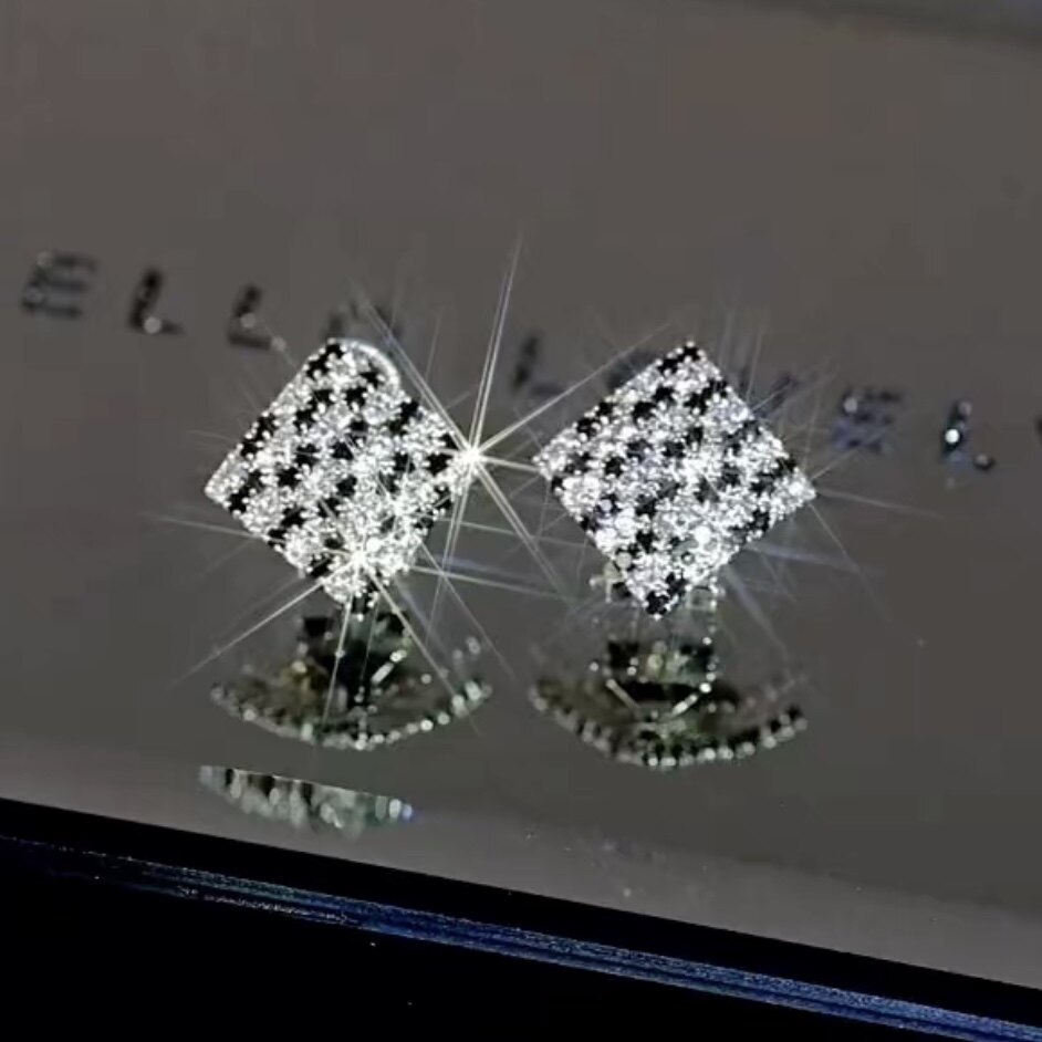 S925银针韩国东大门秋冬新款千鸟格菱形耳环复古小众设计感耳钉女
