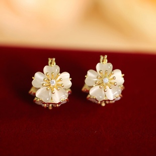 韩式 锆石小众设计耳环 高级感气质猫眼石双面花朵耳扣复古甜美个性