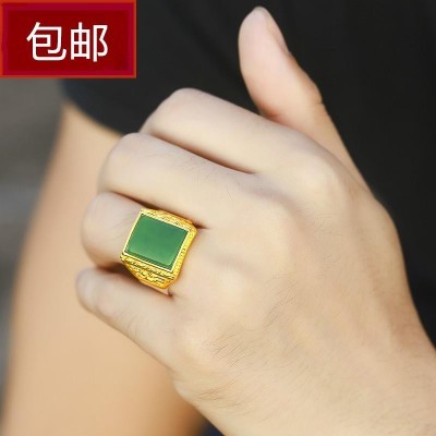 越南沙金开口镶玉戒指久不掉色男士仿真黄金霸气24k金貔貅戒子