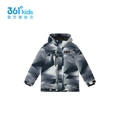 361度2025新款羽绒服男童中长款连帽几何印花保暖外套K52441910