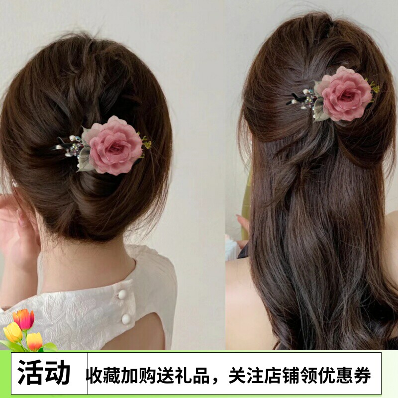 发夹女后脑勺妈妈马尾夹横夹韩国头花扭扭夹 盘发 淑女绢纱发饰品