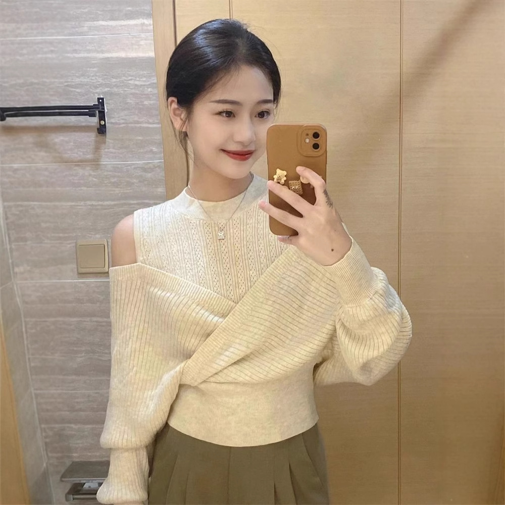 甜辣露肩针织衫女秋冬外