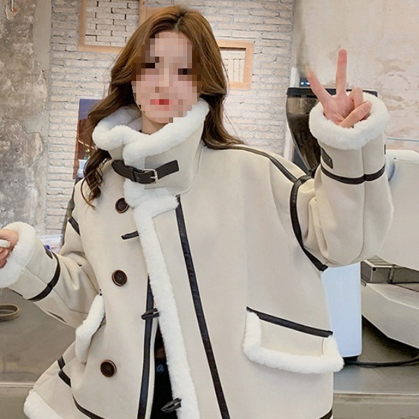 加绒麂皮毛一体机车服羊