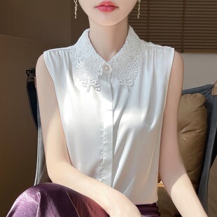 新款 短款 胖东来丝绸缎面25春夏季 女装 衬衣无 T恤薄款 蕾丝花边开衫