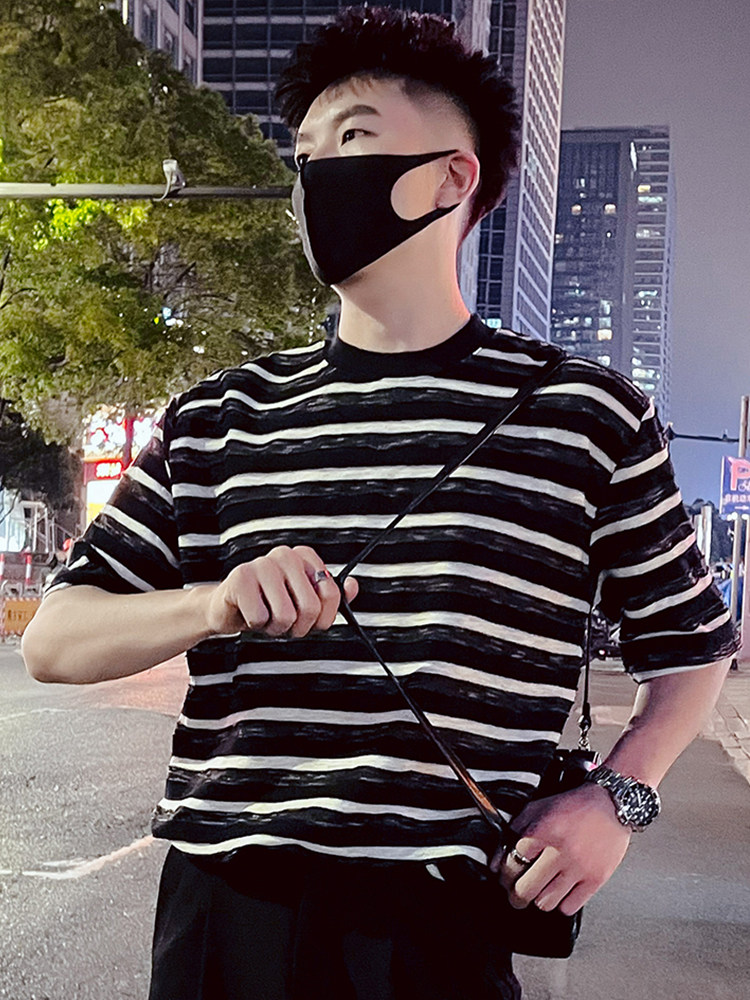 T86-P58条纹T恤男夏季宽松短袖2023新款上衣潮牌潮流休闲半袖1,男装T恤,电商A257