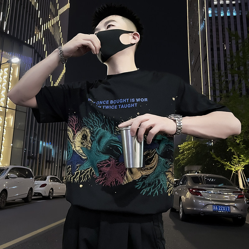 X51-P58美式涂鸦T恤男重磅短袖彩印2024新款夏季男装上衣痞帅气1,男装T恤,电商A257