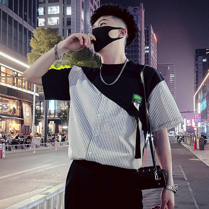 T38-特P58 拼接条纹T恤男夏季短袖2023潮流男装休闲个性ins潮牌1图片