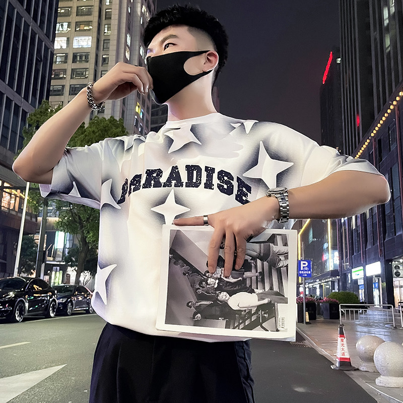X63-P48美式潮牌五角星T恤短袖男重磅2024新款夏季男装上衣潮流3,男装T恤,电商A257