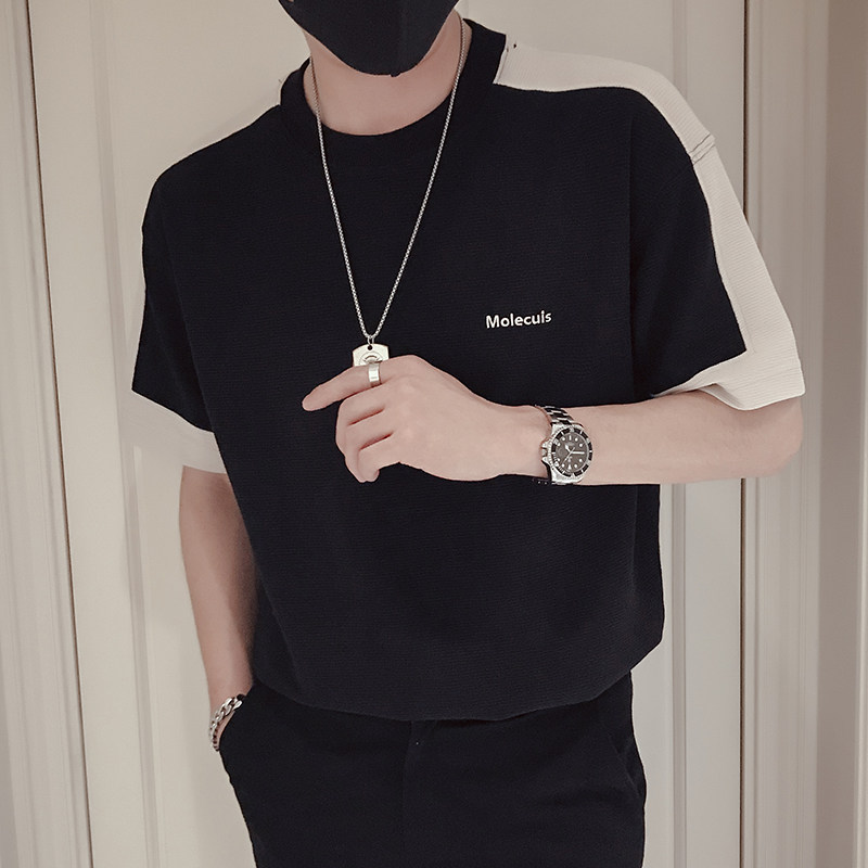 T41-P58夏季黑色短袖t恤男2023新款拼接男装上衣潮牌衣服痞帅,男装T恤,电商A257