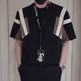 T65-P55黑白拼接撞色短袖男小领口潮牌痞帅炸街重磅T上衣高级感，男装T恤，电商A257