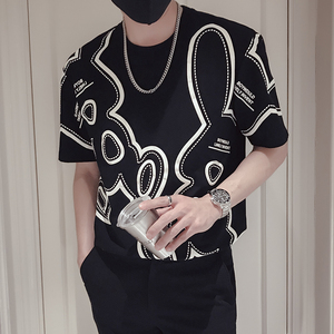 T32-P45 ins潮牌印花T恤男夏痞帅宽松2023新款男装衣服潮流短袖图片
