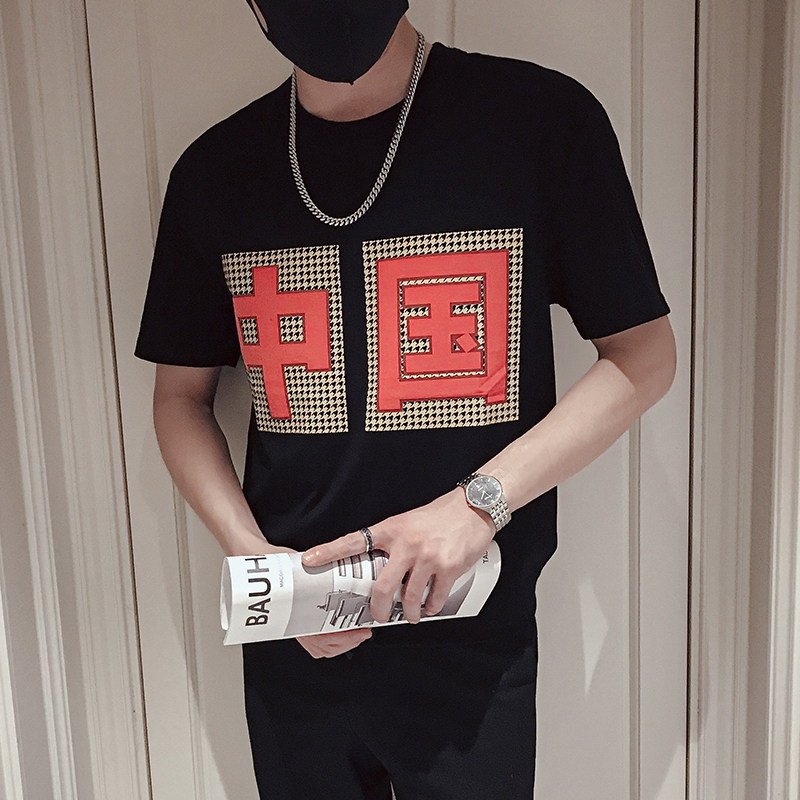 AT02-P40夏季网红印花T恤男ins潮牌休闲百搭半袖新款男装1,男装T恤,电商A257