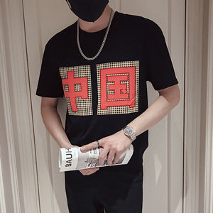 AT02-P40夏季网红印花T恤男ins潮牌休闲百搭半袖新款男装1,红体恤牛仔裤短搭配什么样的鞋子图片