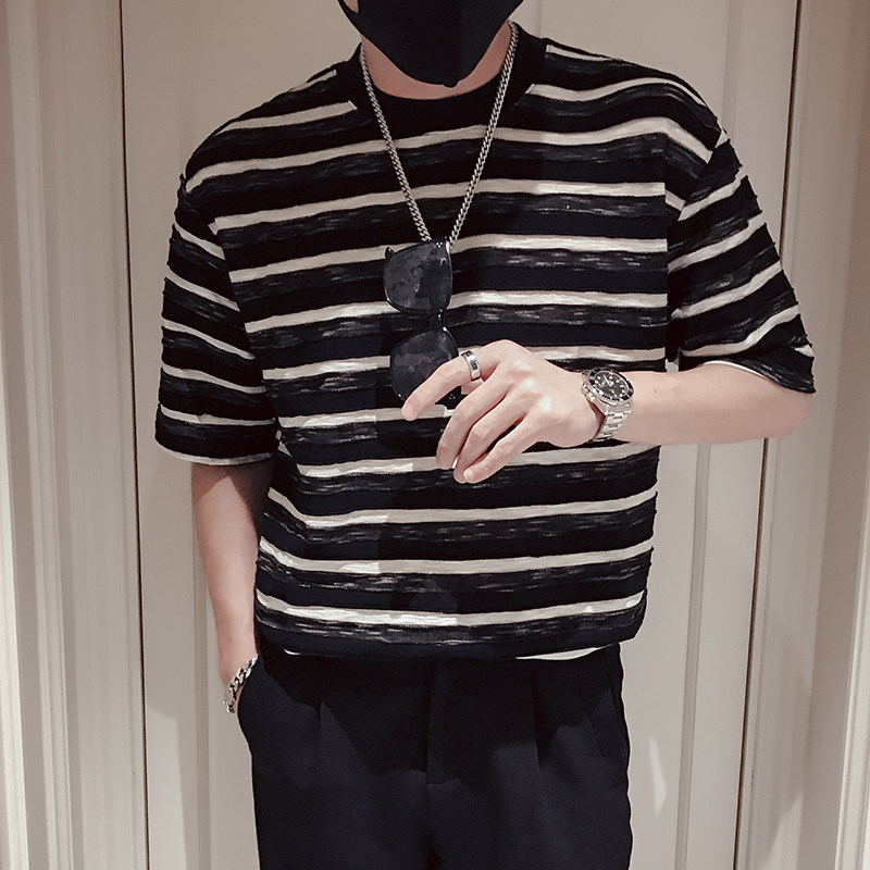 T86-P58夏季男士条纹休闲设计感透气新款宽松半袖百搭个性T恤1,男装T恤,电商A257