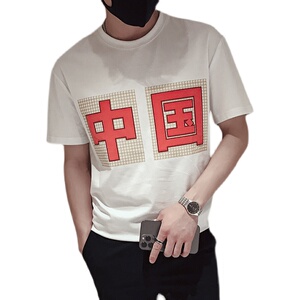 AT02-P40 夏季网红印花T恤男ins潮牌休闲百搭半袖新款男装图片