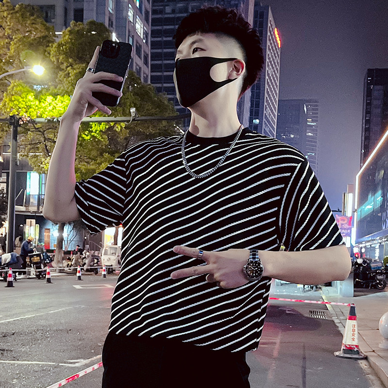 T60-P55条纹短袖男夏季潮牌重磅七分袖上衣2023痞帅圆领半袖3,男装T恤,电商A257