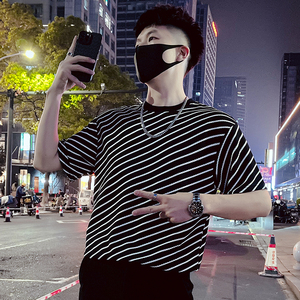 T60-P55条纹短袖男夏季潮牌重磅七分袖上衣2023痞帅圆领半袖1,红色上衣怎么搭配下装儿童图片