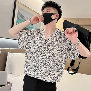 T48-P58 夏季花衬衫男潮牌宽松五分袖2023新款中袖男装上衣短袖图片