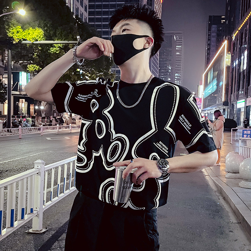 T32-P45ins潮牌T恤男痞帅宽松半袖2023新款夏季男装花色满印潮,男装T恤,电商A257