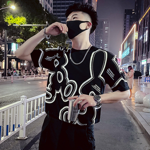 T32-P45 ins潮牌T恤男痞帅宽松半袖2023新款夏季男装花色满印潮,男装T恤,电商A257