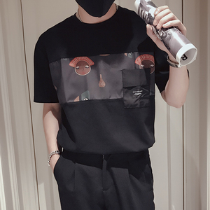 T88-P58 拼接短袖男款夏季潮牌圆领白色T恤2023新款重磅半袖上衣3图片