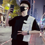 T51-特P58条纹拼接短袖男装薄款小领口T恤七分袖潮牌男装衣服1，男装T恤，电商A257