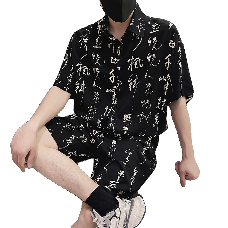 X58-P98风印花时尚套装男士夏季冰丝短袖搭配五分短裤潮流,男装T恤,电商A257