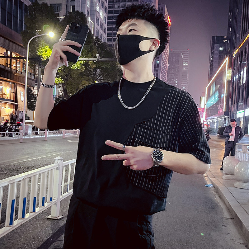 T35-特P48拼接条纹T恤男夏季短袖2023潮流男装休闲个性ins潮牌,男装T恤,电商A257