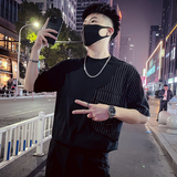 T35-特P48拼接条纹T恤男夏季短袖2023潮流男装休闲个性ins潮牌，男装T恤，电商A257