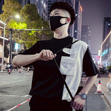 T51-特P58条纹拼接短袖男装薄款小领口T恤七分袖潮牌男装衣服1，男装T恤，电商A257