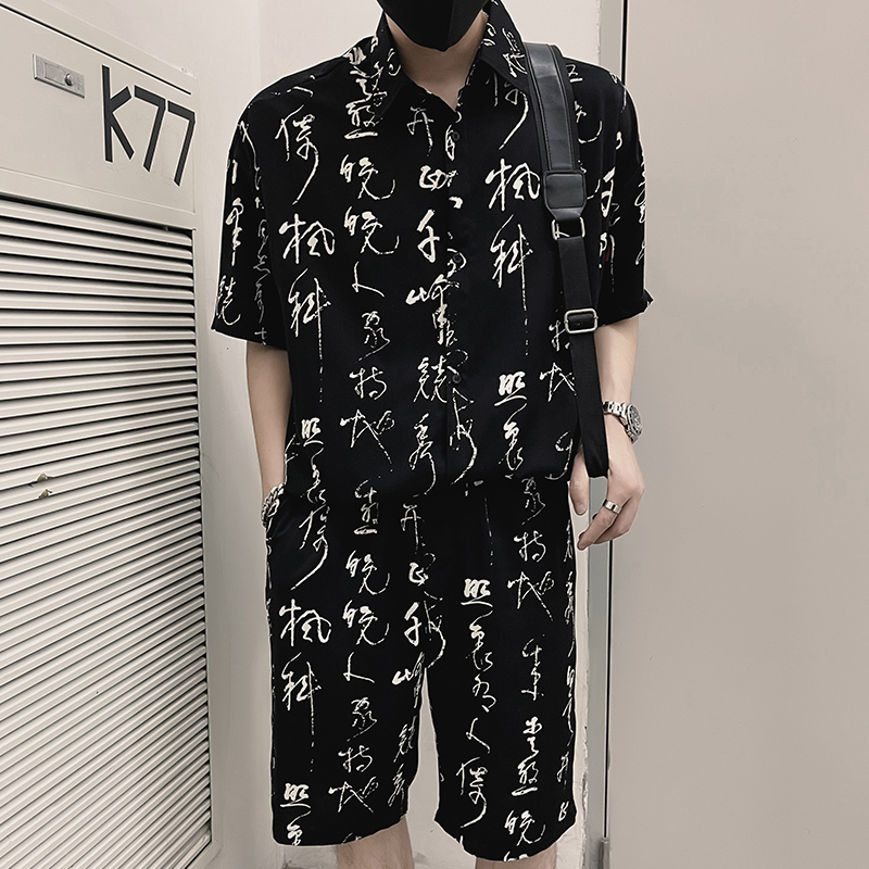 X58-P98风印花时尚套装男士夏季冰丝短袖搭配五分短裤潮流1，男装T恤，电商A257