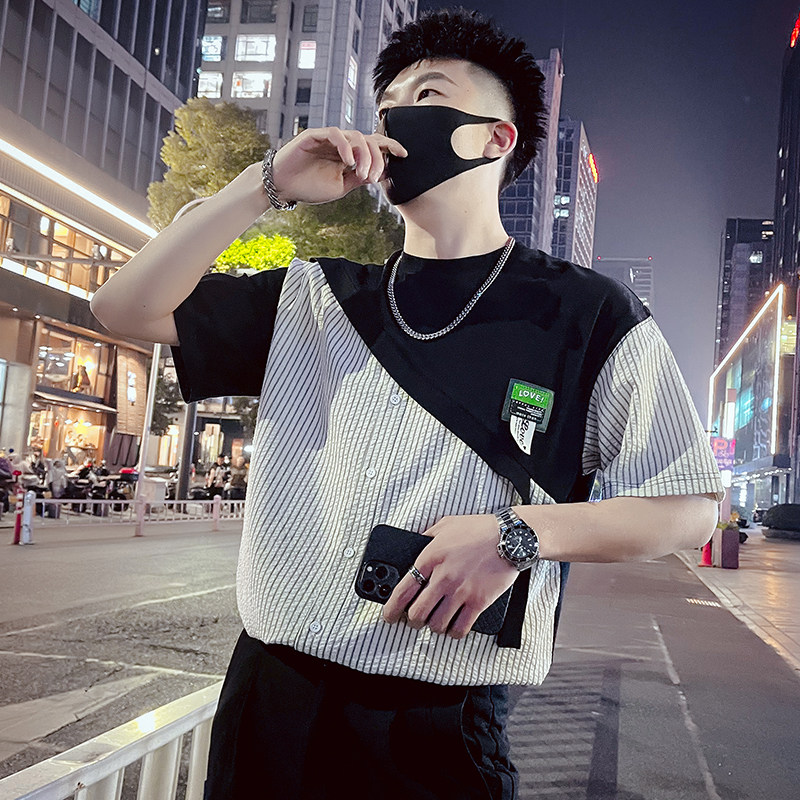 T38-特P58 拼接条纹T恤男夏季短袖2023潮流男装休闲个性ins潮牌图片